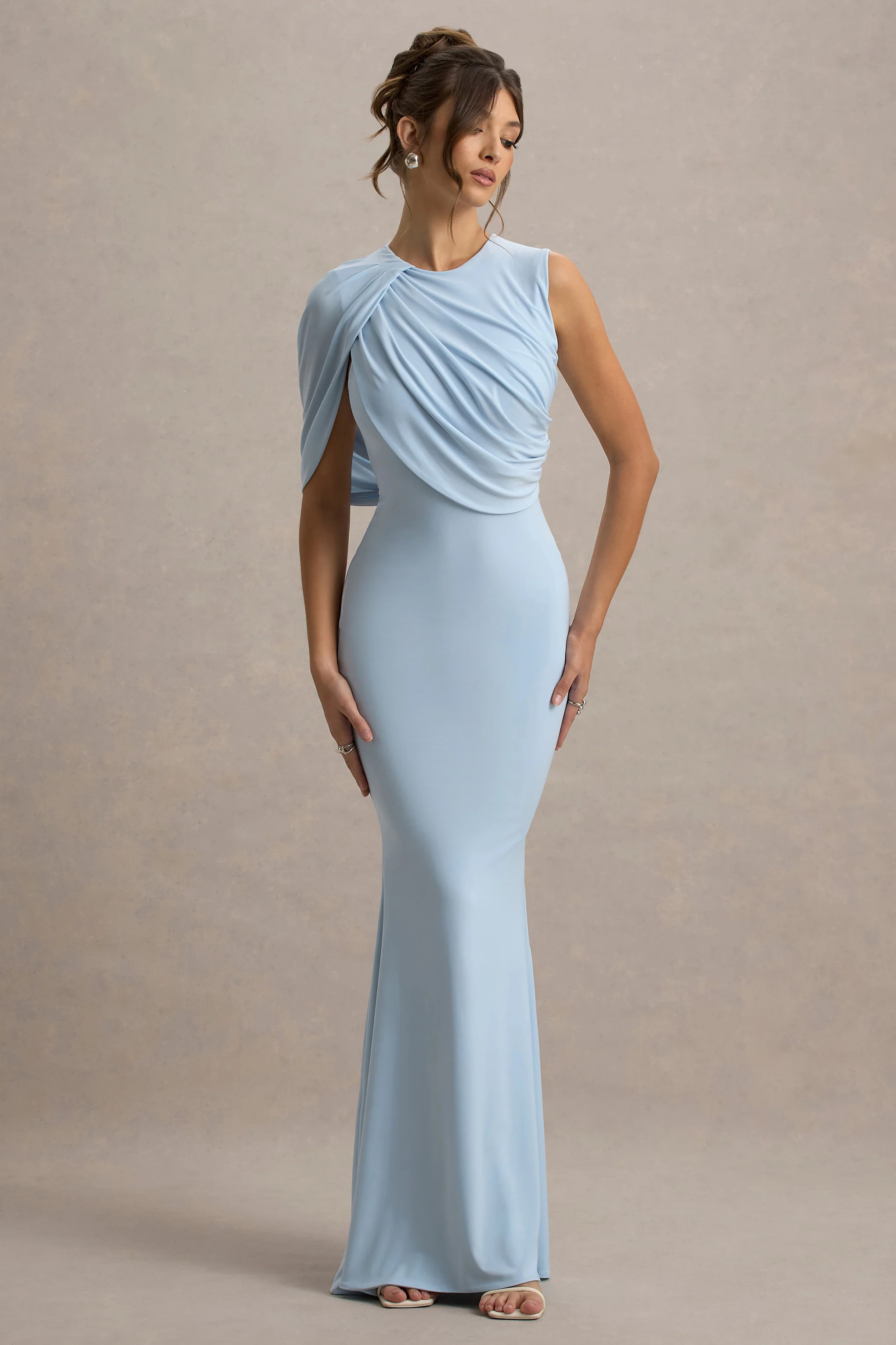 Rae | Powder Blue Maxi Dress With One-Sleeve Cape | Club L London