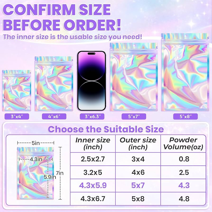 ANZNKU Holographic Bags 5x7 Mylar Bags Resealable 50PCS, Packaging Bag Smell Proof Pouches Baggie... | Amazon (US)
