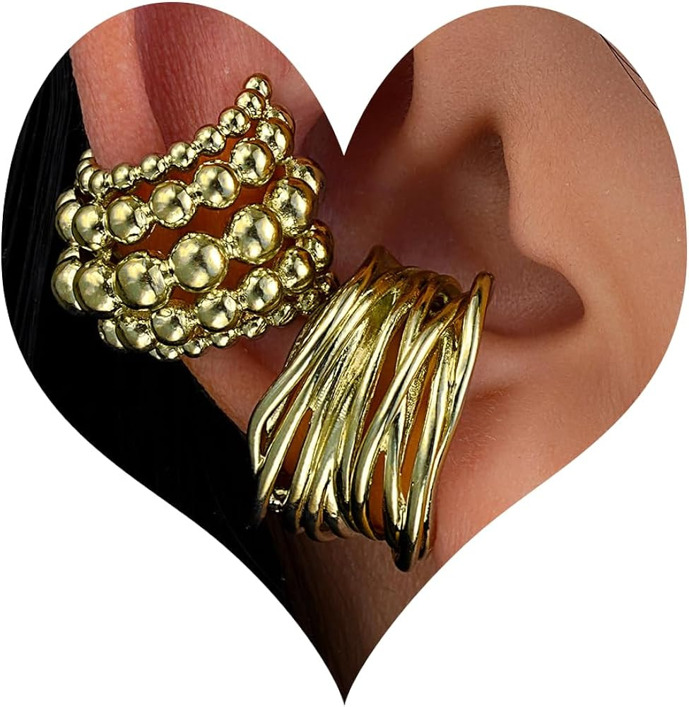 Ear Cuffs Non Piercing for Women 2PCS Beaded Statement Earrings Gold Silver Hollow Out Party Punk... | Amazon (US)