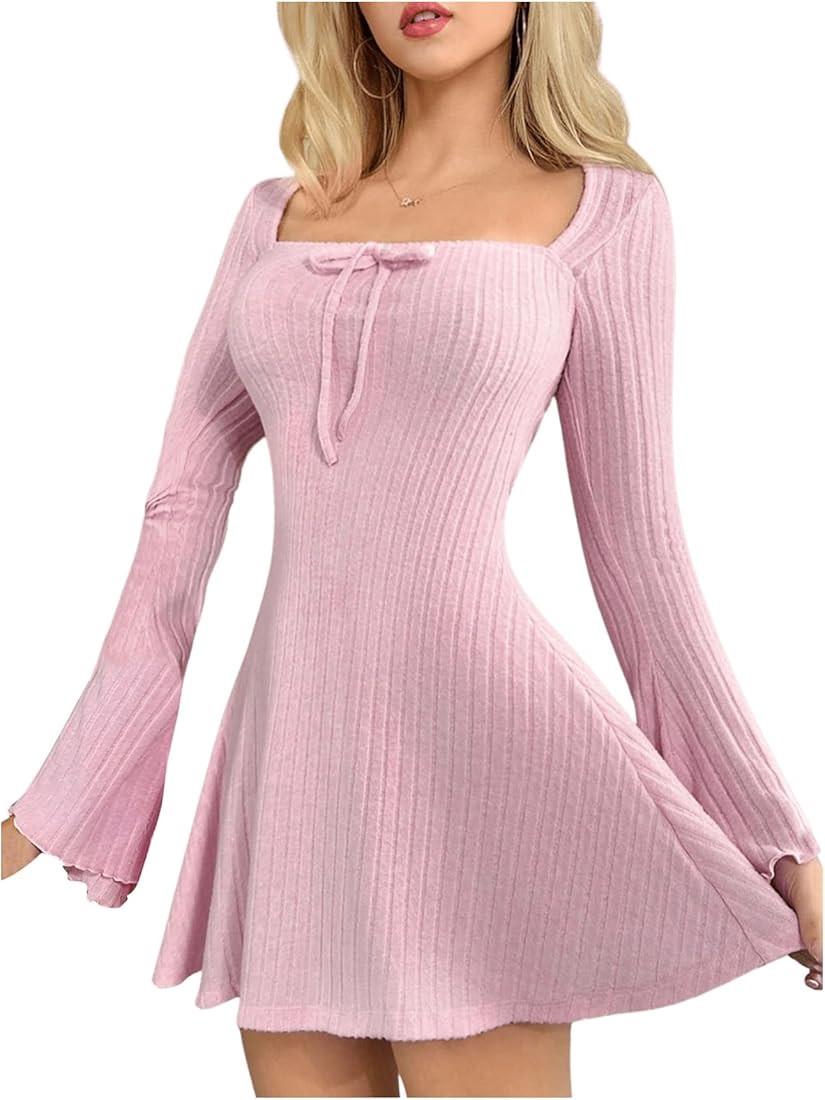WDIRARA Women's Bell Long Mini Dress Bow Front Square Neck A Line Knit Dresses | Amazon (US)