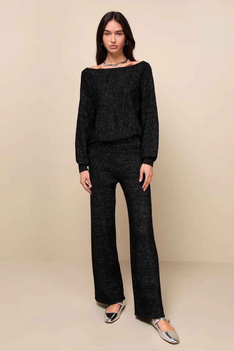 Luxe Comfort Black Lurex Wide-Leg Sweater Pants | Lulus (US)