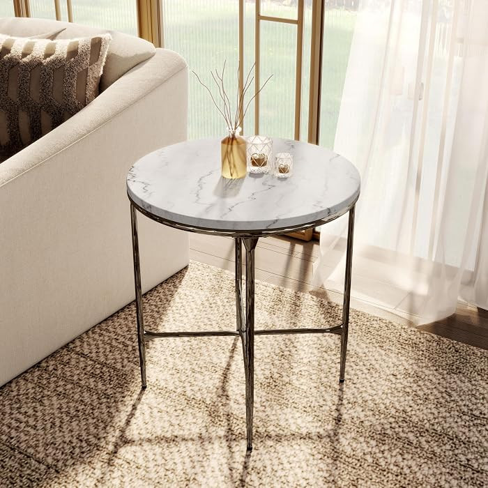 Aureum Modern 22-inch Round Marble Top End Table with X-Brace, Hammered Dark Bronze Metal Frame for Living Room, Office, White | Amazon (US)