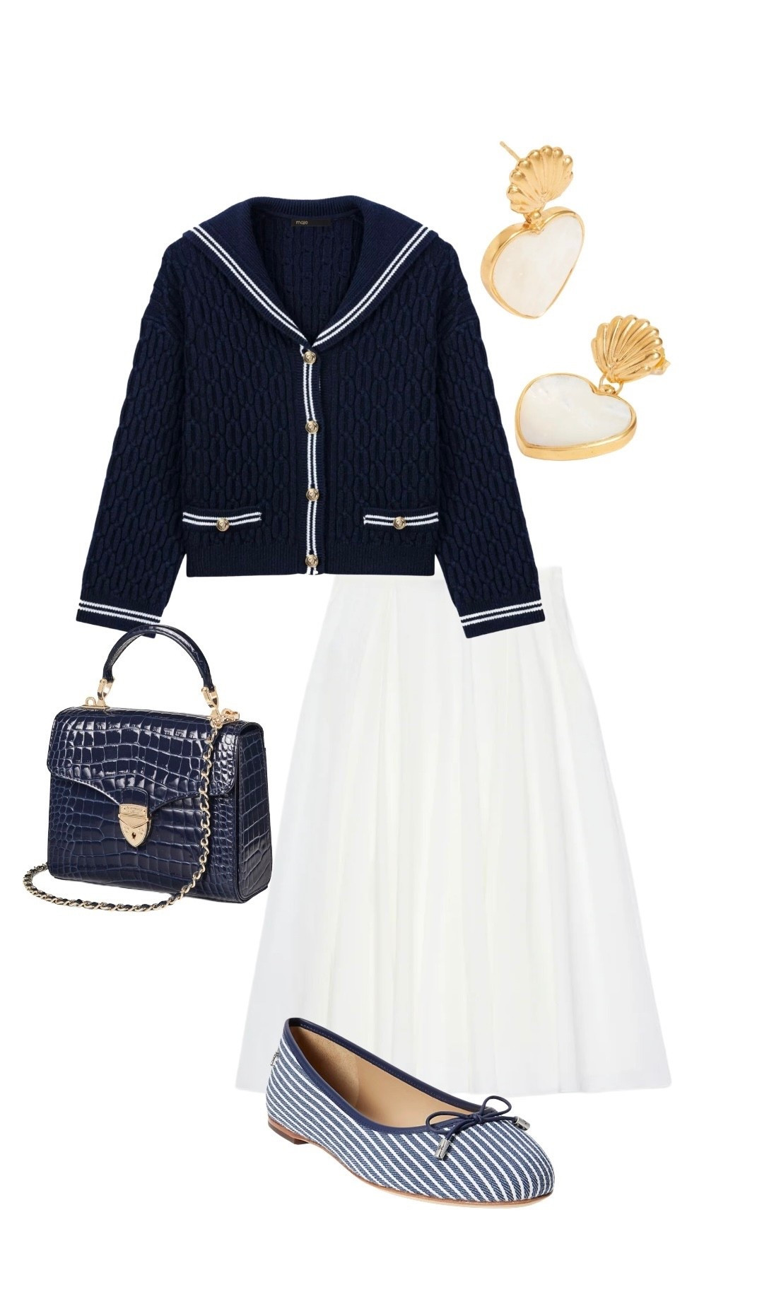 
Nautical / Parisian weekend vibes - mixing designer with high street spring styles as th French women do! Partner the prettiest midi skirts with timeless knits and statement accessories! 🇫🇷 🛥️ ⚓️ 

Navy Sailor Cardigan - Maje 

Full White Cotton Midi Skirt - New at Mint Velvet

Venus Earrings - Soru at Fenwick

Midi Mayfair Top Handle / Crossbody Bag in Navy Croc Leather at Aspinal of London 

Navy White Stripe Ballerina Flats - New at Ralph Lauren 

#LTKluxury #LTKeurope #LTKuk