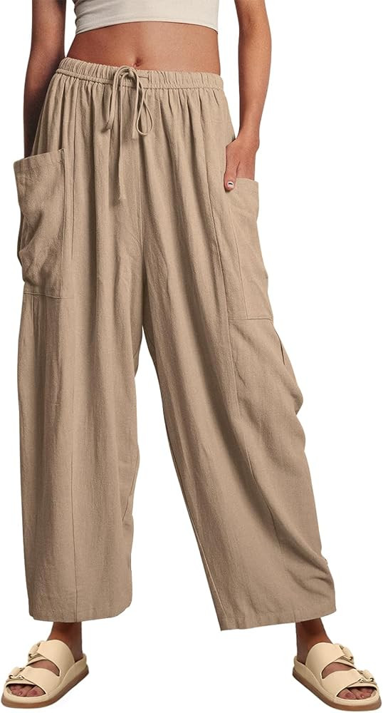 LILLUSORY Women‘s Linen Wide Leg Pants 2024 Casual Loose Lightweigt Beach Palazzo Harem Pants | Amazon (US)