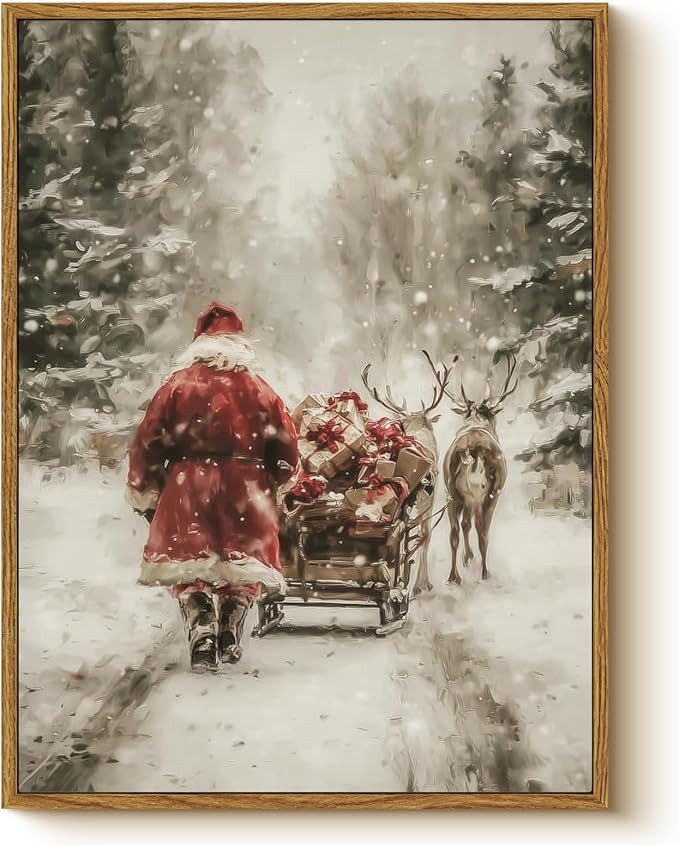 Vintage Santa Claus Christmas Wall Art, Classic 12x16 Inch Framed Canvas Print, Santa with Gift S... | Amazon (US)