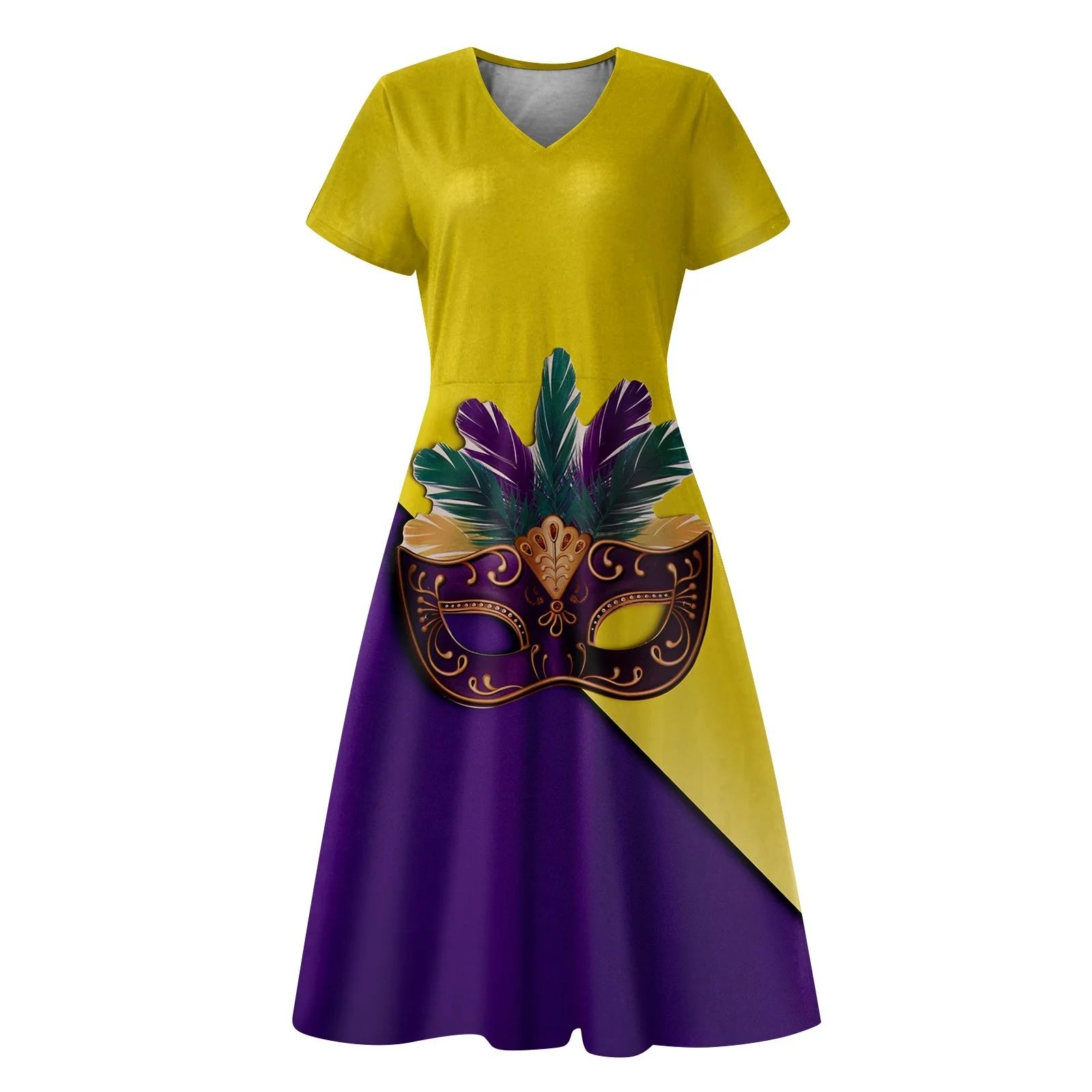 Taymeis Short Sleeve Cocktail Dress for Women Casual V Neck Swing Dresses Mardi Gras Mask Printed... | Walmart (US)