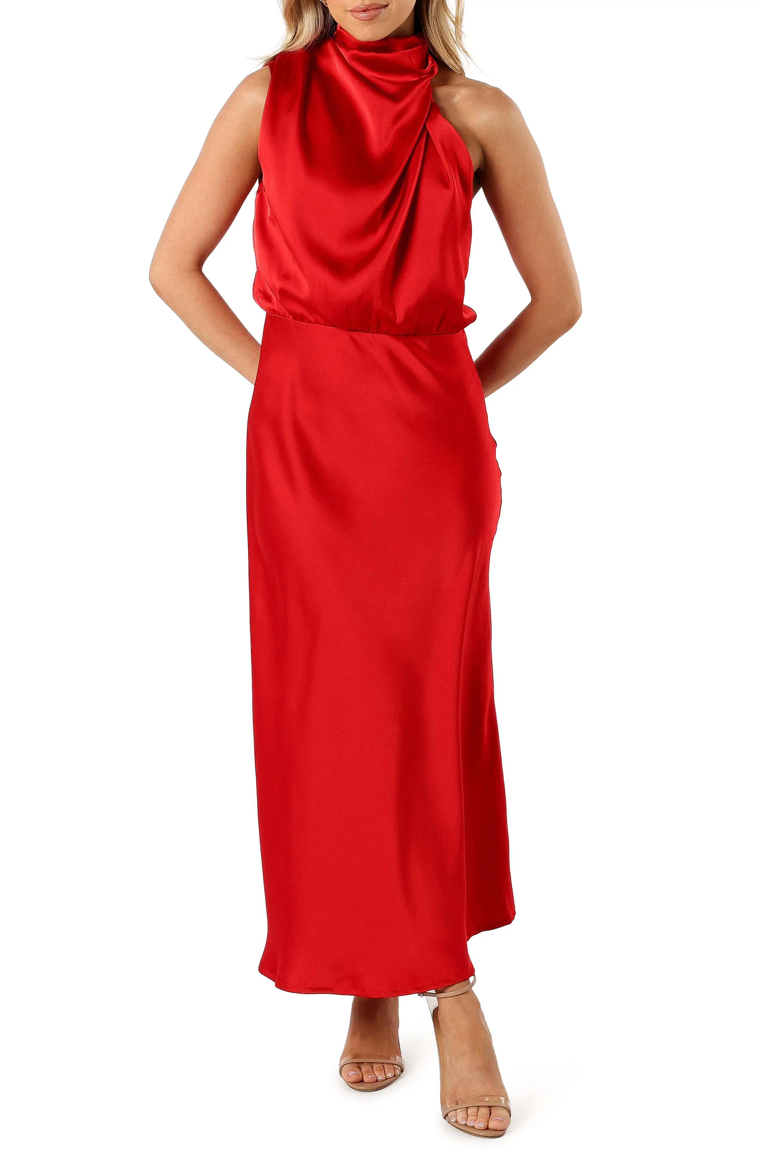 Anabelle Mock Neck Satin Midi Dress (Women) | Nordstrom | Nordstrom