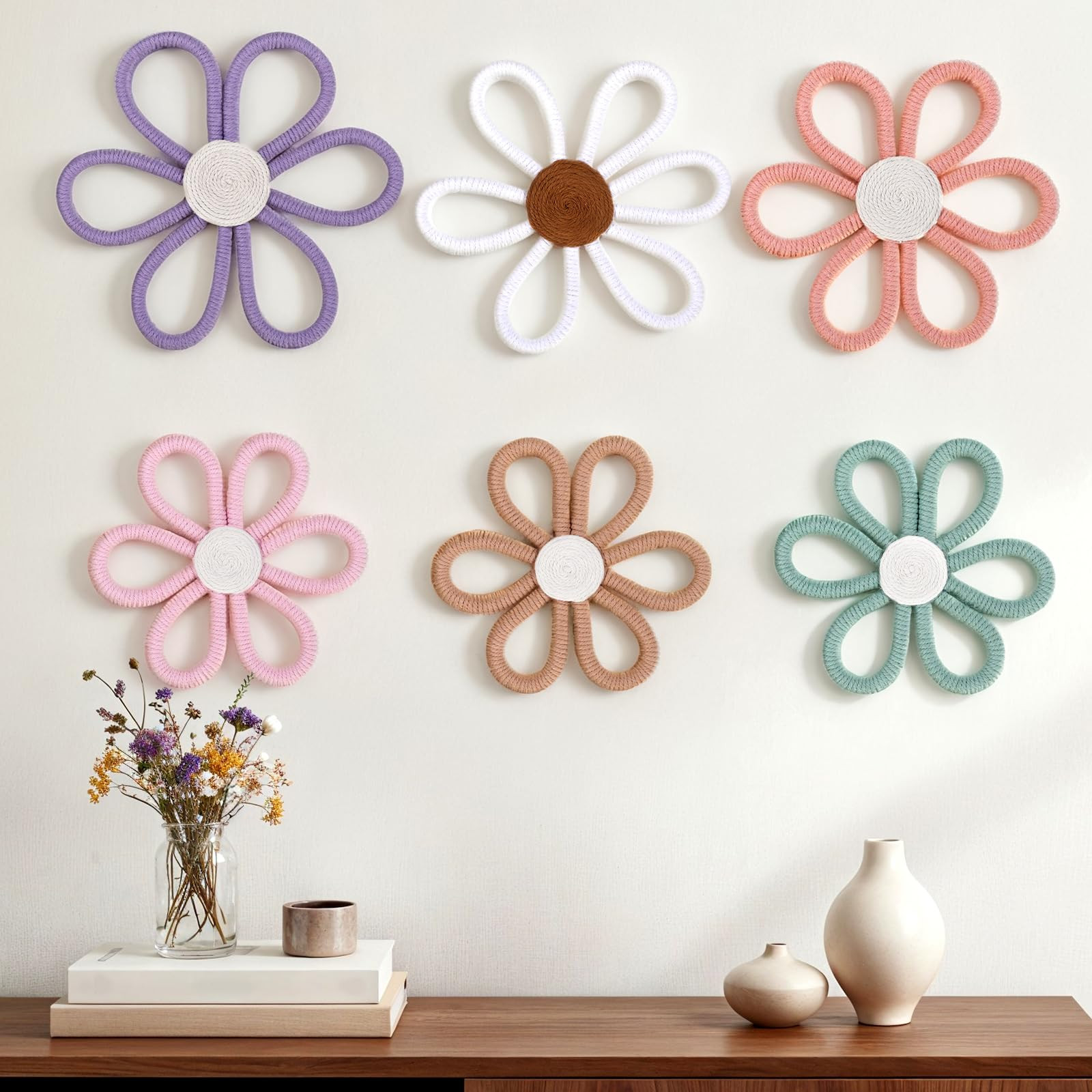 Oqqlin 6 Pcs Boho Wall Decor, Colorful Woven Flowers Daisy Decor 3 Sizes Cotton Rope Macrame Floral Wall Hanging for Nursery, Bedroom, Bohemian Decorations (6 Colors) | Amazon (US)