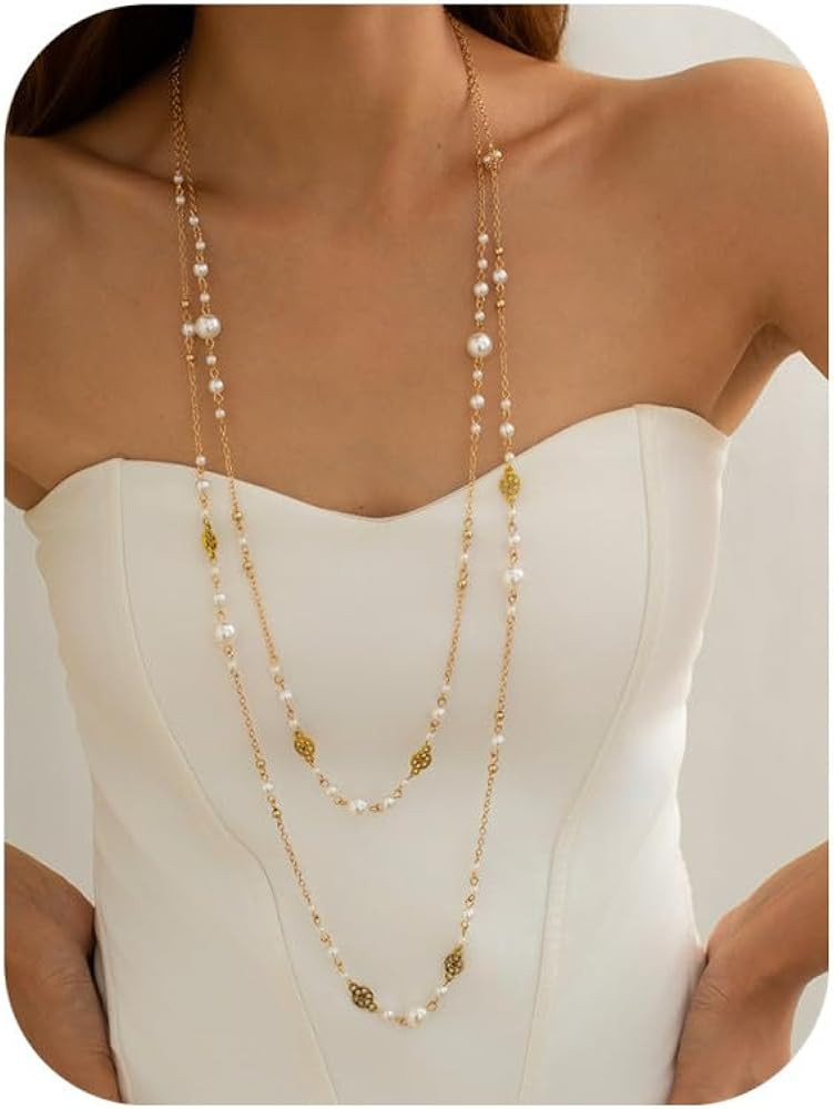 Long Gold Pearl Necklaces for Women Trendy Dainty Layered Pearl Statement Strand Chain Fashion Je... | Amazon (US)