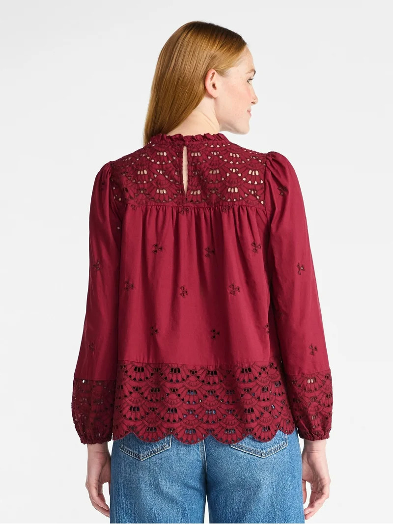 Time and Tru Women's Cotton Eyelet Blouse with Long Sleeves, Sizes XS-XXXL | Walmart (US)