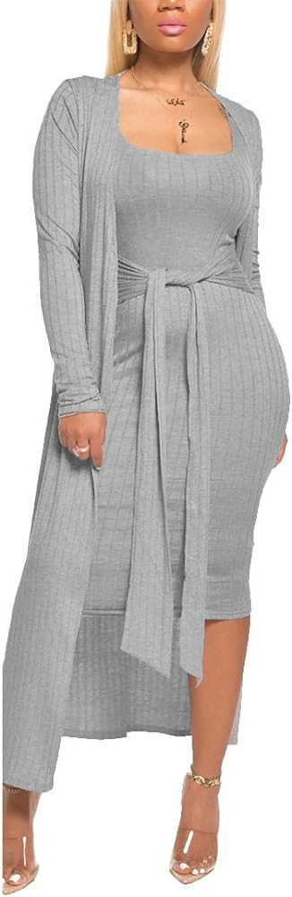 Aro Lora Womens 2 Piece Outfits Open Front Cardigan Tie Knot Tank Bodycon Midi Dress Set Clubwear | Amazon (US)