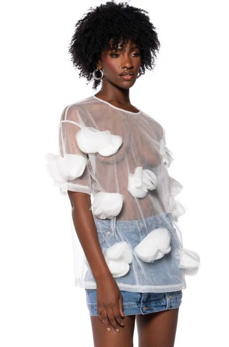 IN BLOOM FLORAL APPLIQUE MESH T SHIRT in WHITE | AKIRA
