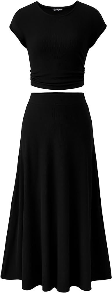 Pretty Garden Womens 2 Piece Casual Knit Short Sleeve Crop Top High Waist Midi Skirt Set | Amazon (US)