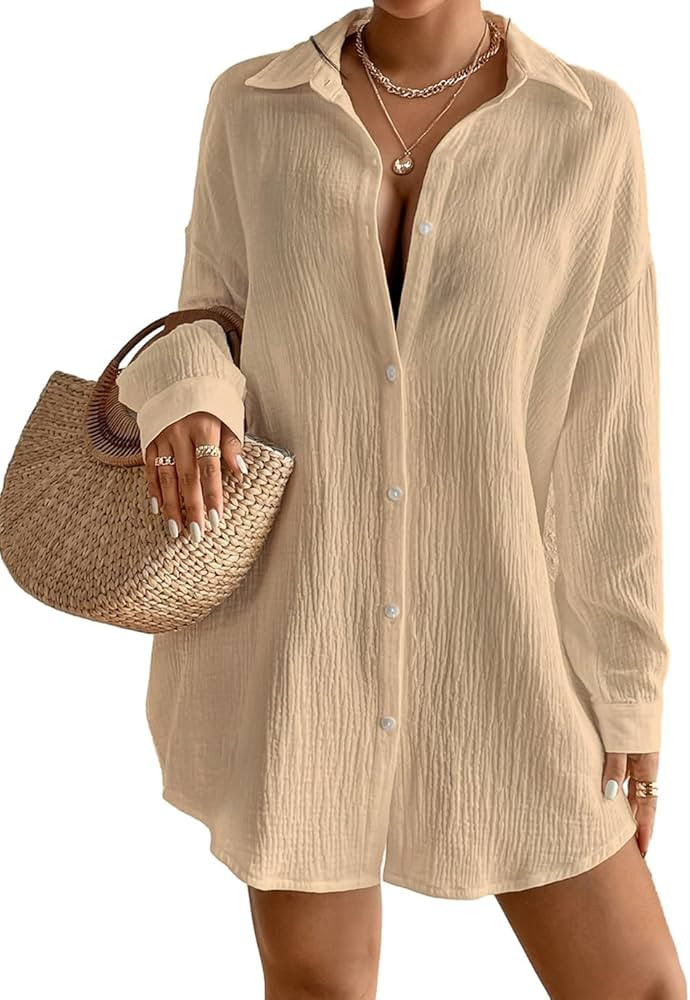 Eddoyee Women Linen Shirts Button Down Long Sleeve Blouse Collared Shirt Long Sleeve Beach Swimsu... | Amazon (CA)