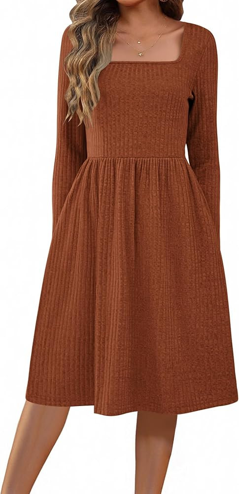 Zeagoo Womens Casual Sweater Dress Square Neck Knit Long Sleeve Dress with Pockets A-Line Knee Le... | Amazon (US)