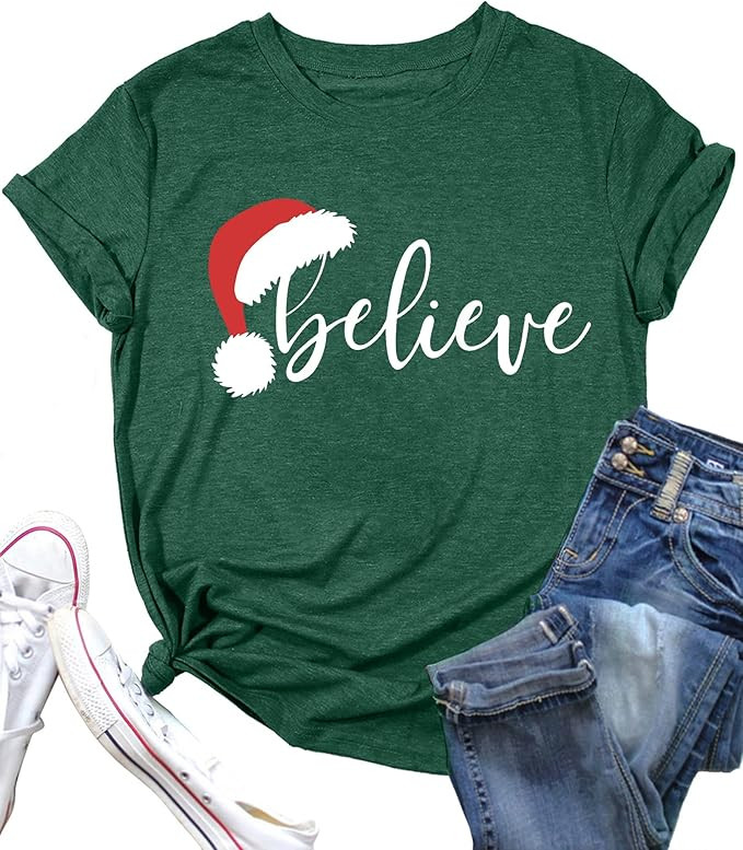 Believe Christmas T Shirts Women Christmas Graphic T-Shirts Believe Letter Print Tees Holiday Top... | Amazon (US)