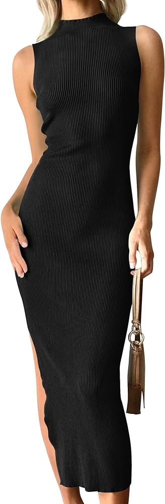 ZESICA Women's 2023 Summer Knitted Sweater Dress Sleeveless Mock Neck Ribbed Side Slit Bodycon Ta... | Amazon (US)