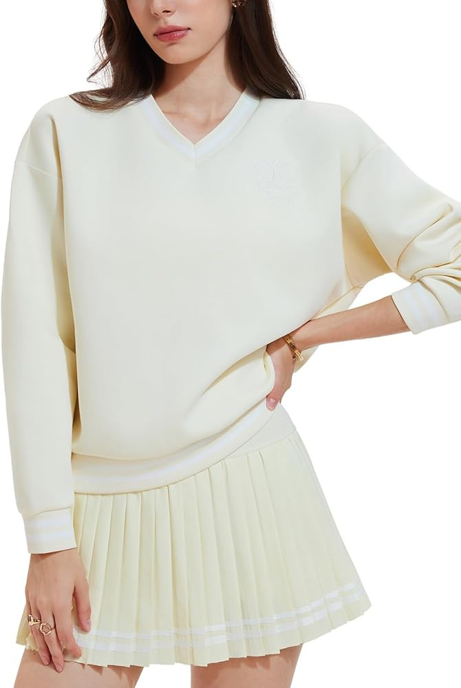 Women's Long Sleeve Tennis Skirt Set 2 Piece Golf Outfit, V-Neck Sweater & Skort with Pockets, Pr... | Amazon (US)