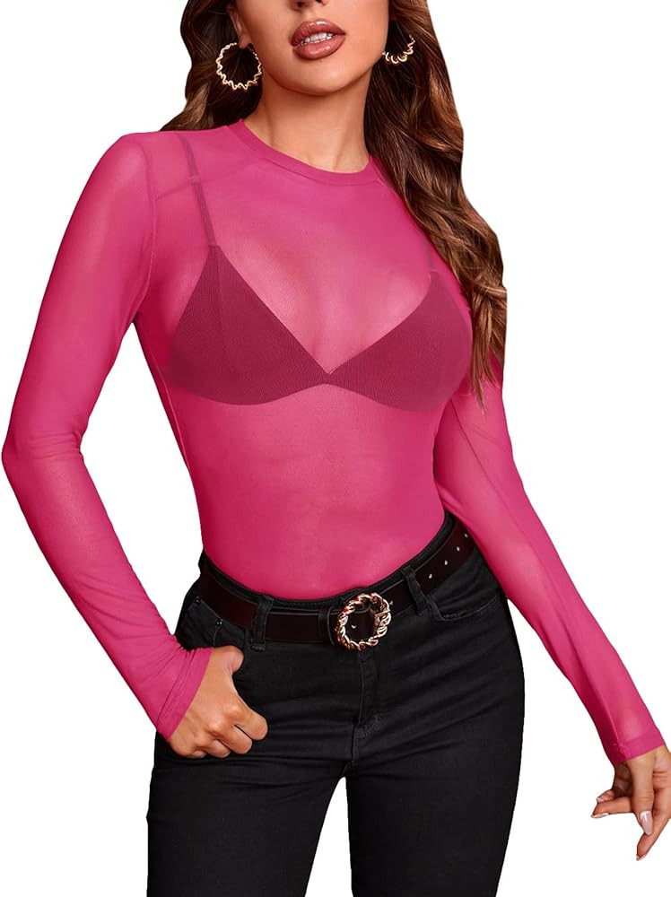 SweatyRocks Women's Long Sleeve Mock Neck Angel Print Sexy Sheer Mesh Crop Top | Amazon (US)