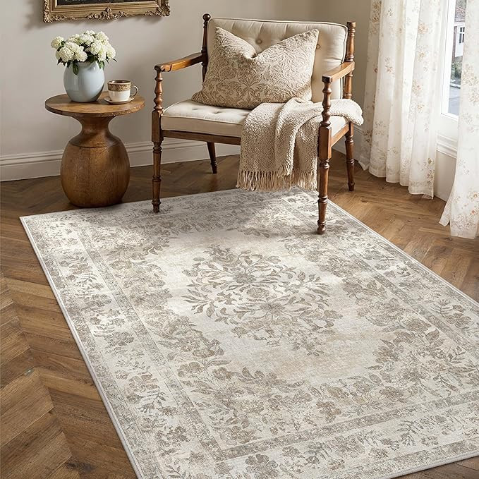 3x5 Area Rug Beige Washable Office Vintage Distressed Carpet Bedroom Indoor Medallion Floral Livi... | Amazon (US)