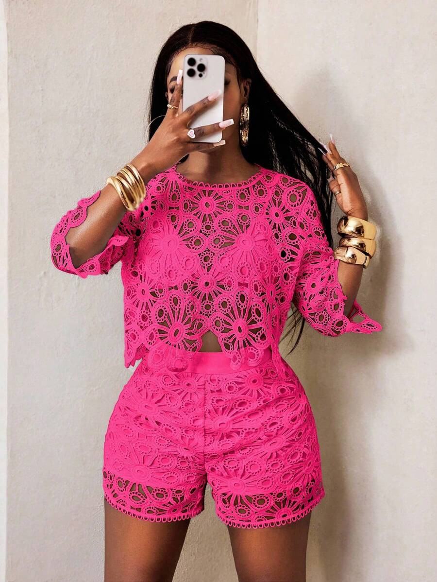 BamGleam Sexy Cut Out Lace See-Through Flare Sleeve Four Seasons Knit Women's Blouse, Haute Women... | SHEIN