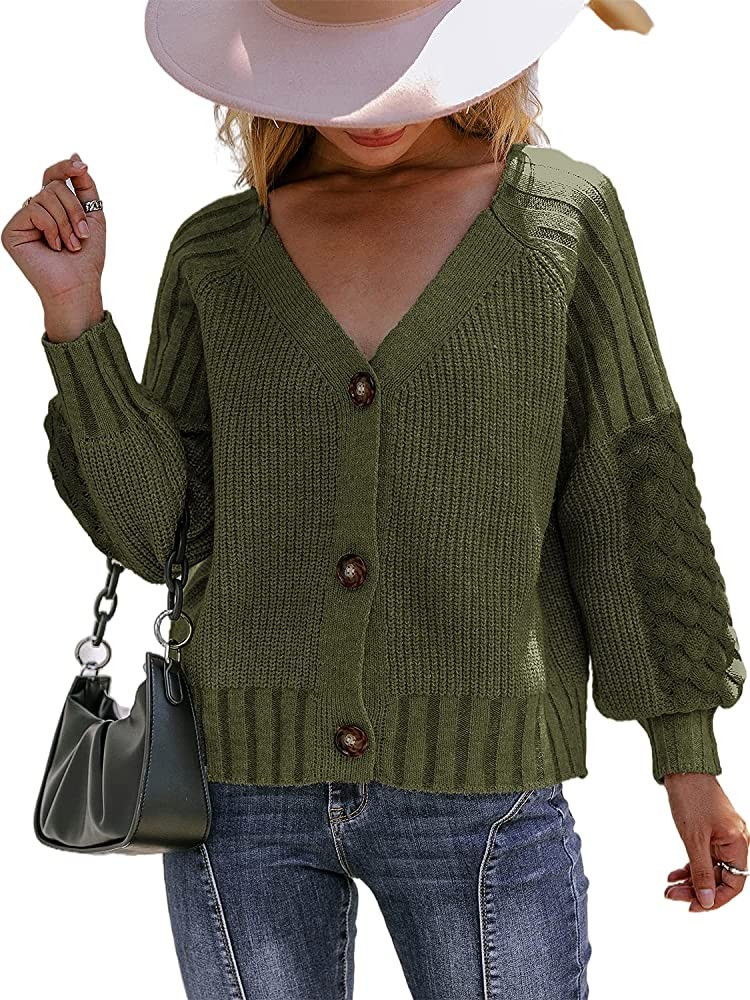 Miessial Women's Button Down Long Sleeve Cardigan Sweaters Chunky Cable Knit Crop Sweater Top | Amazon (US)