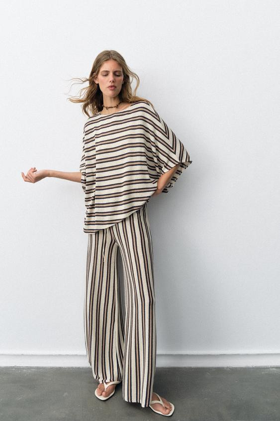Zara - Short Sleeve Rustic Top - Brown Stripes - L - Woman | Zara US