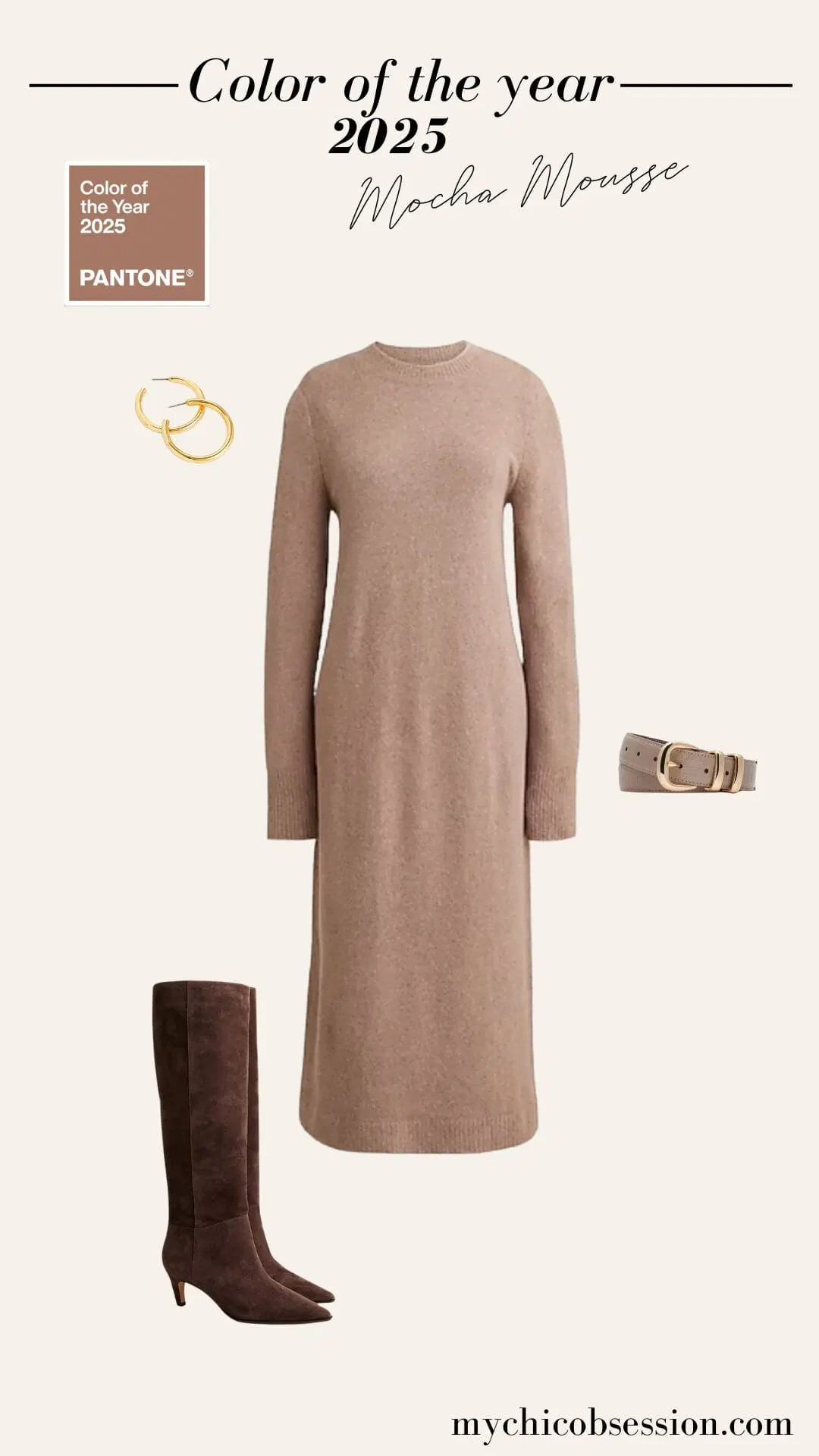 This dress from J.Crew matches the color of the year, mocha mousse, perfectly!

Pair with your favorite knee high boots, and classic gold hoops to create a look filled with comfort and elegance. Elevate this look with a stylish belt and get ready for an outfit that is foolproof and filled with class! 

 #LTKSeasonal #LTKStyleTip #LTKShoeCrush