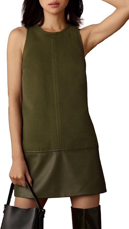 Ladyful Women's Sleeveless Mini Dress Leather Patchwork Shift Dresses 2025 Fall Casual Tank Dress | Amazon (US)