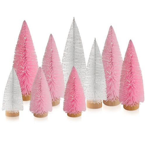 9 Pcs Pink Color Mini Sisal Bottle Brush Trees Small Artificial Christmas Tree with Wood Base Christmas Pine Decor for Home Table Holiday Party Decor | Amazon (US)