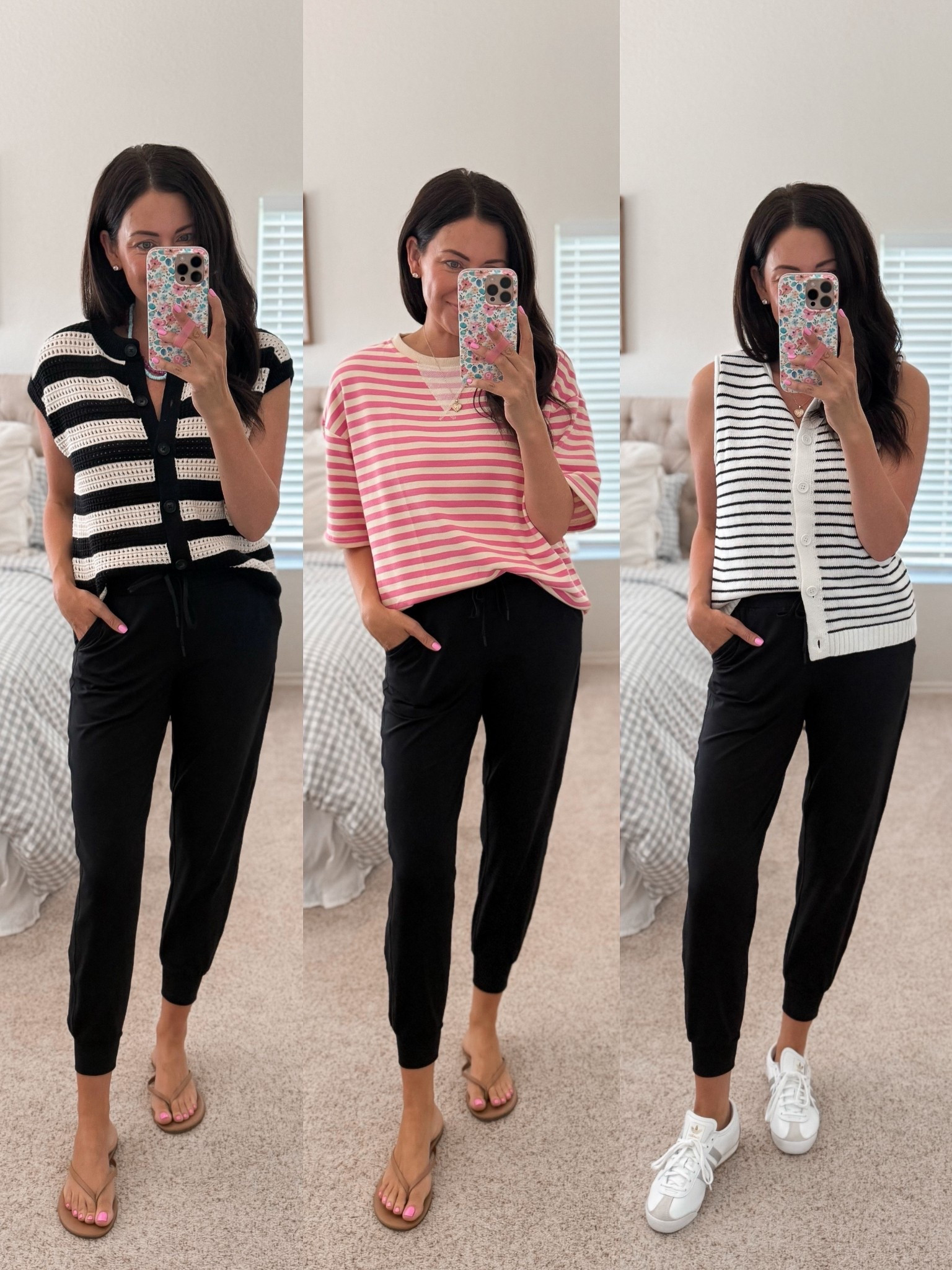 Zella joggers from the Nordstrom Anniversary sale styled multiple ways! Love these casual outfits for every day mom life🙌🏼
• I wear a small in the joggers
• small in the black & cream striped vest
• medium in the white and black striped vest
• Small in the pink and cream Amazon tee

#LTKSaleAlert #LTKFindsUnder50 #LTKFindsUnder100