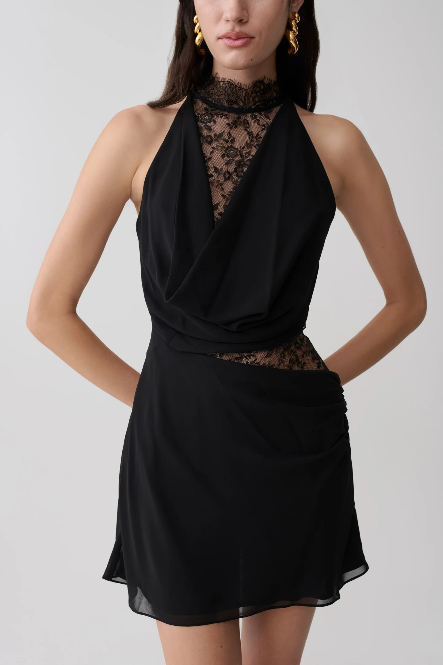 Arra Chiffon And Lace Halter Mini Dress - Black | MESHKI US