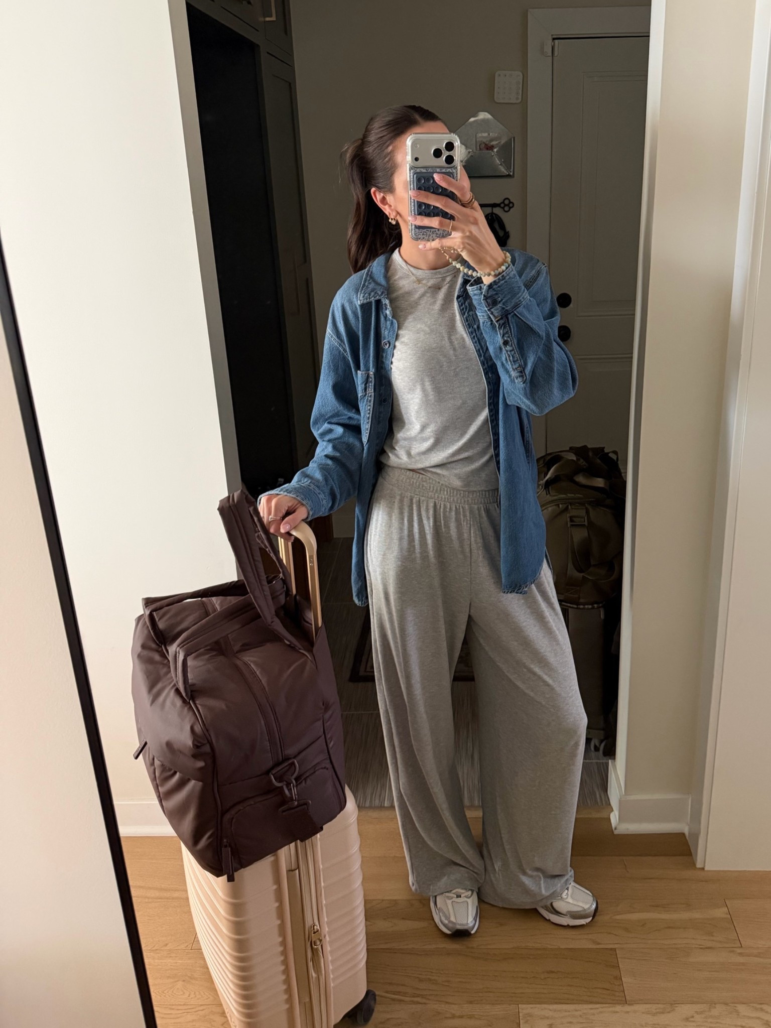 Airport outfit ✈️ 
True to size S in ribbed tee and matching lounge pants, sized up to a L in the denim shirt for an oversized fit! So comfy

Travel outfits / comfy ootd

#LTKootd #LTKTravel #LTKActive