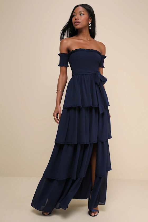 Stunning Poise Navy Off-the-Shoulder Smocked Tiered Maxi Dress | Lulus