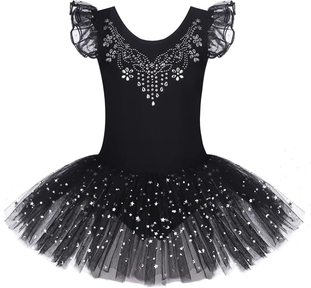 Zaclotre Kid Girls Ruffle Sleeve Ballet Skirted Leotard Shiny Dance Tutu Dresses | Amazon (US)
