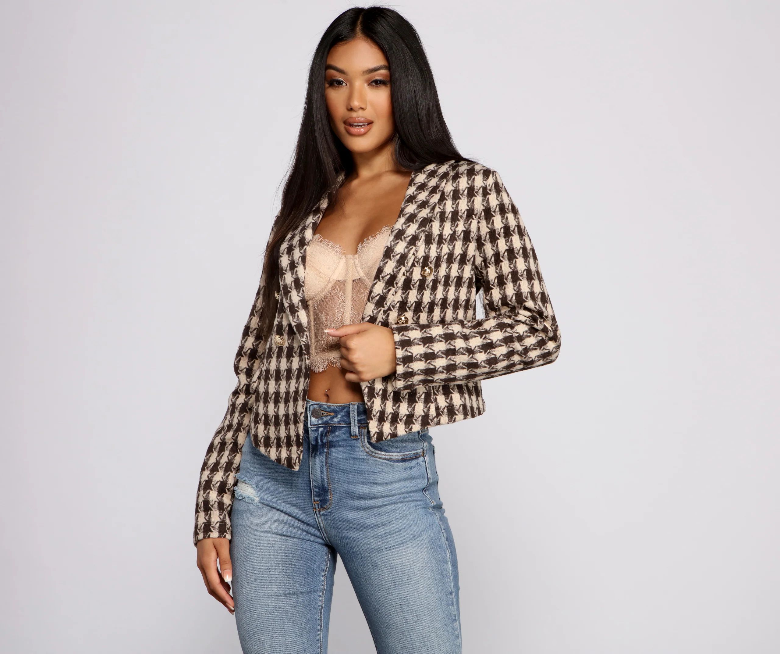 Poised and Professional Houndstooth Cropped Blazer | Windsor Stores