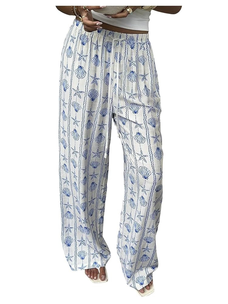MakeMeChic Women's Starfish Seashell Print Pants Straight Leg Summer Boho Trousers | Amazon (US)