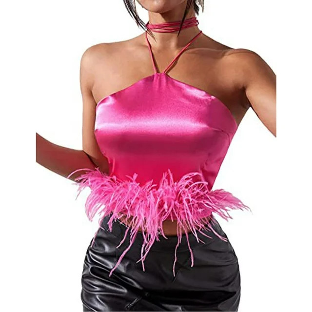 HLSOHJP Women's Furry Tank Top Sleeveless Halter Lace Up Open Back Faux Fur Tube Shirt Party Sati... | Walmart (US)