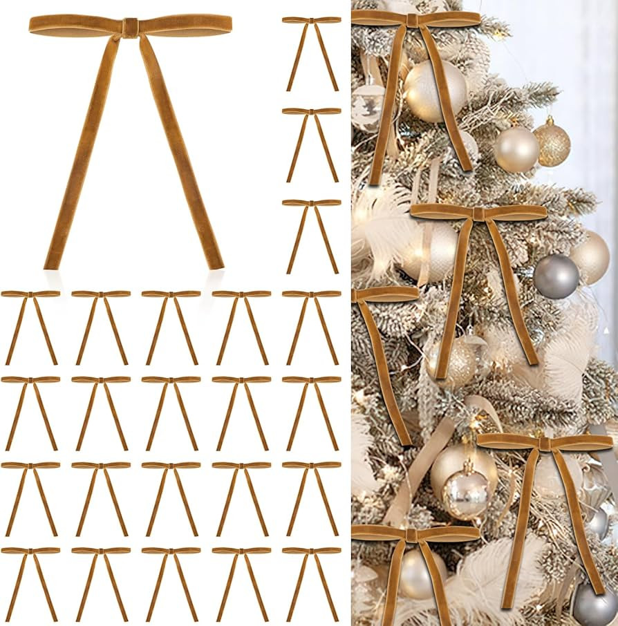 24 Pcs Velvet Bows for Christmas Tree, Elegant Khaki Christmas Tree Bows, 5”x7” Pre-Tied Velv... | Amazon (US)
