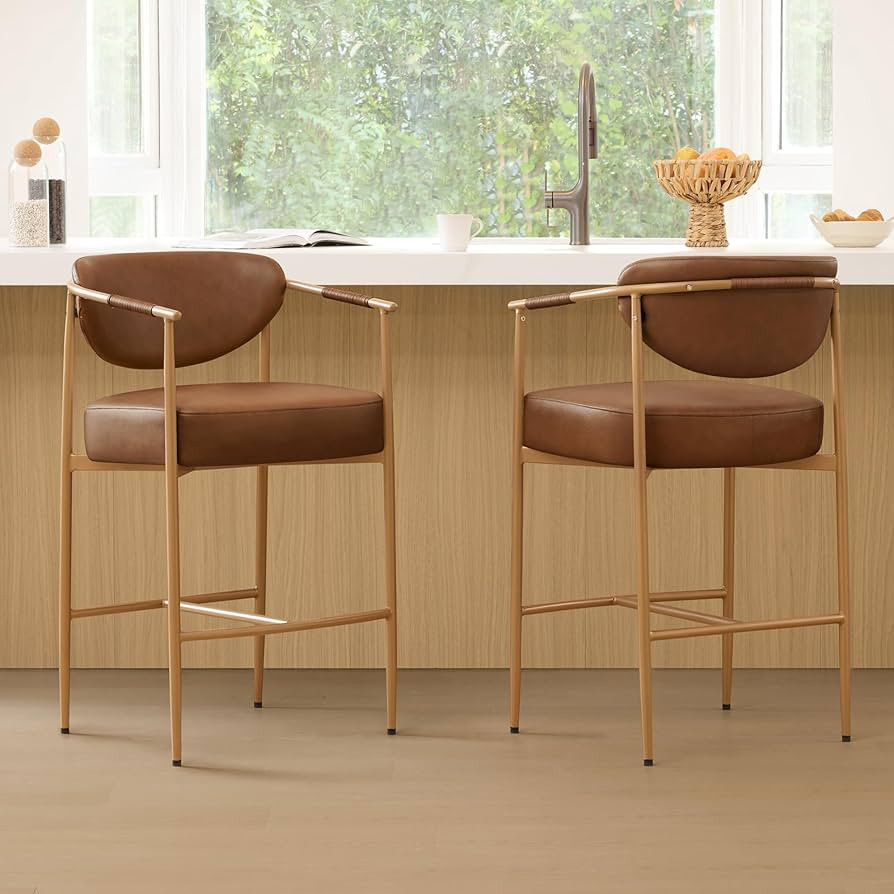 CHITA Counter Height Bar Stools Set of 2, Modern Upholstered Barstool with Arms and Metal Legs, C... | Amazon (US)