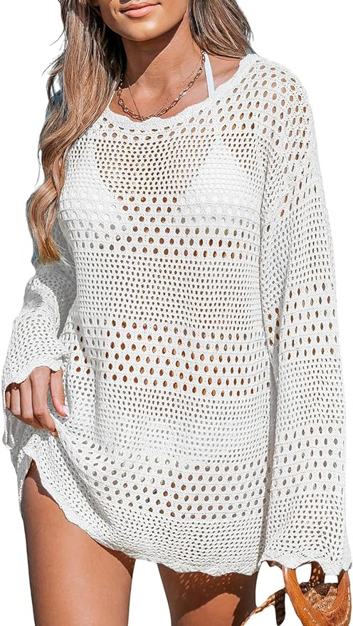 CUPSHE Women's Swimsuit Cover Up Crochet Bathing Suit Mesh Swimwear Knit Pullover Beach Dress | Amazon (US)