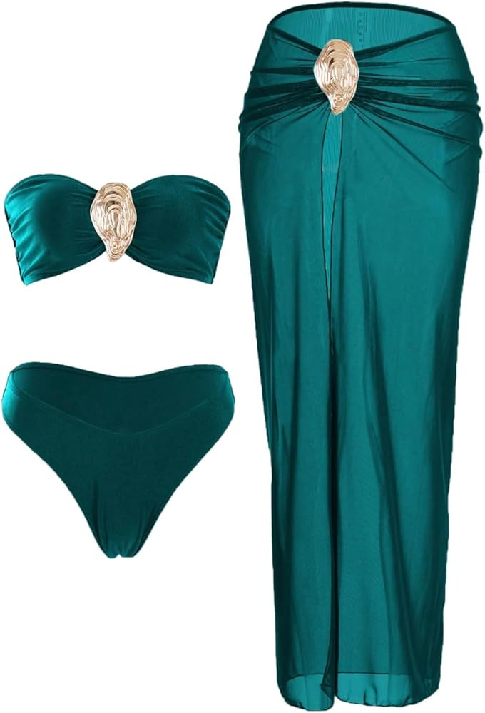 GORGLITTER Women's Strapless Bandeau Swimsuits High Waisted Bikini Sets with Beach Sarong Coverup... | Amazon (US)