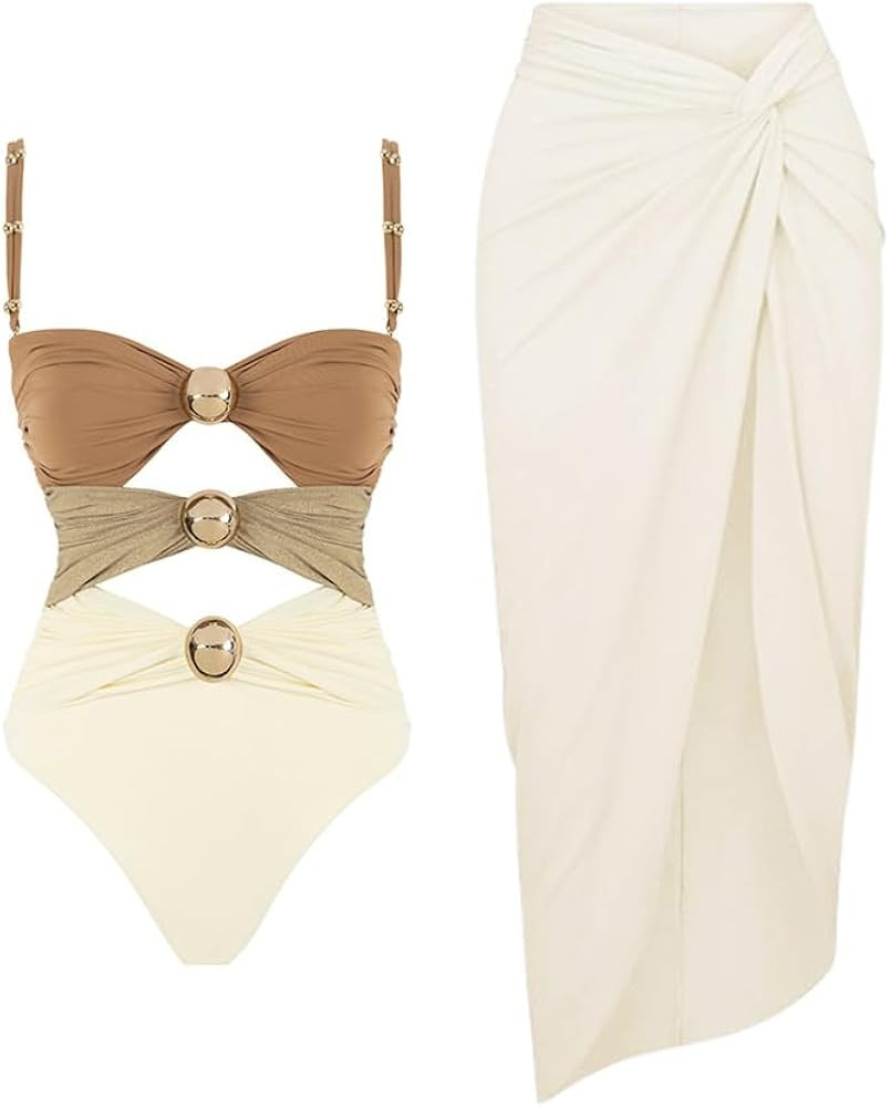 Women Swimsuits Abstract Printing Notched Square/V Neck Floral Vacation One Piece with Cover Up | Amazon (US)