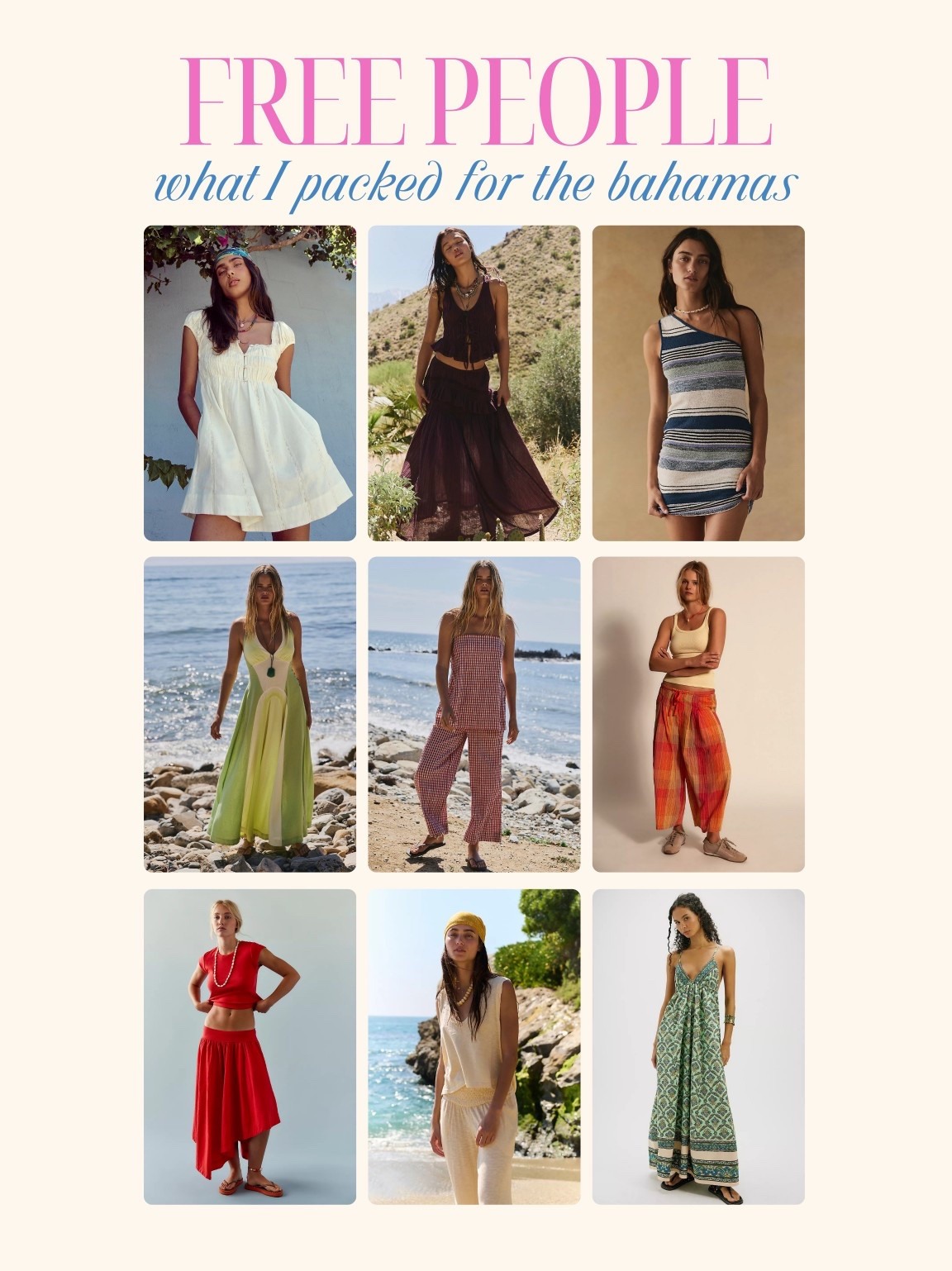 [4/13/26] bump friendly outfit inspo | everything I packed for the Bahamas | currently wearing size xs/small in most styles! Im 5’2” and 18 weeks pregnant 

sizing details:
• yellow carmen set - small 
• red baby tee (comes as a full Annette skirt set) - small 
• red pull on pant - xs
• cotton linen midi dress - small 
• green printed maxi - small 
• white keep it cool set - xs
• yellow Bristol skirt set - small 
• green maxi skirt set - xs

#LTKPetite #LTKBump #LTKSeasonal