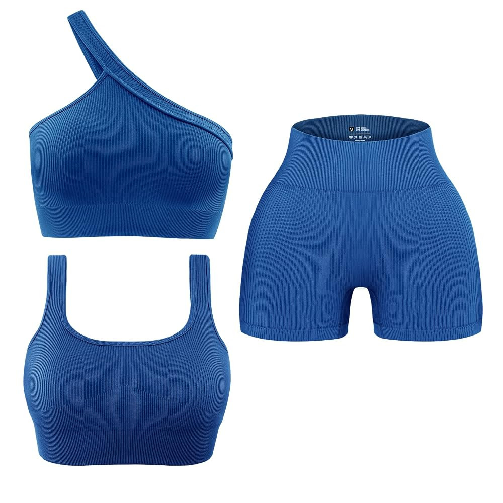 OLCHEE Womens 3 Piece Workout Sets - Seamless Ribbed Yoga Outfits Sports Bra One Shoulder Top Bik... | Amazon (US)