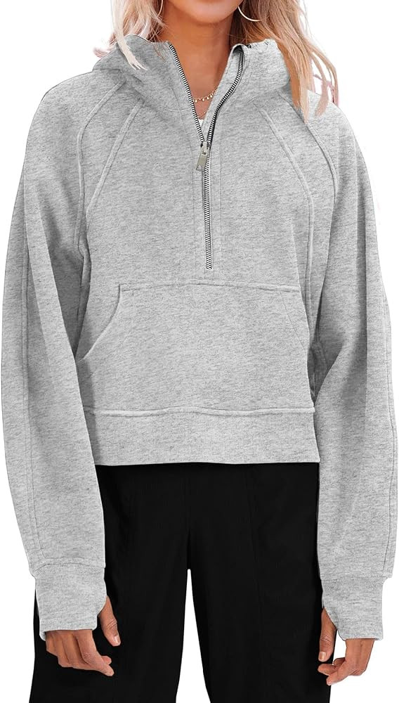 Women's Hooded Pullover Sweatshirts Half Zipper Crop Hoodie Fleece Lined Collar Zip Up Hoodies Cr... | Amazon (US)