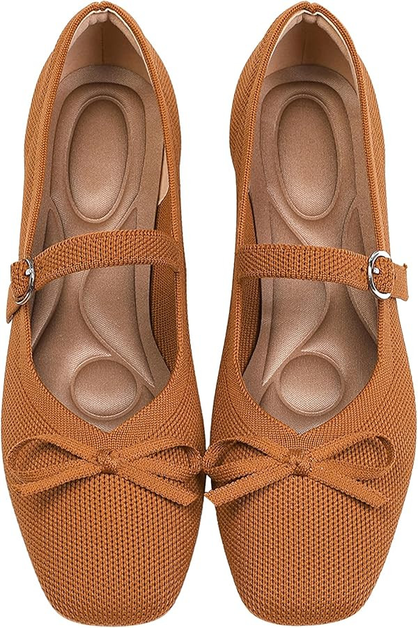 Knit Flats for Women Square Toe Flats Casual Ballet Flats with Ankle Strap,Washable Comfortable D... | Amazon (US)
