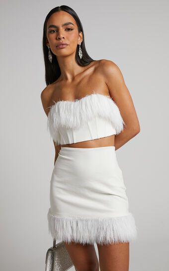 Rhaiza Mini Skirt - Faux Feather Trim High Waisted Skirt in White | Showpo (US, UK & Europe)