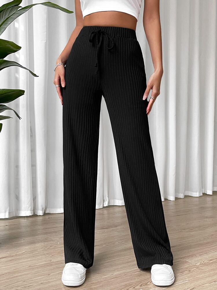 SHEIN EZwear Tie Waist Ribbed Knit Pants | SHEIN