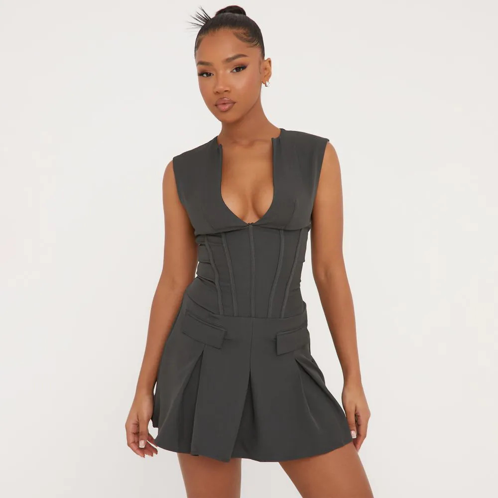 Plunge Neck Tailored Pleated Mini Dress In Grey | EGO (UK)